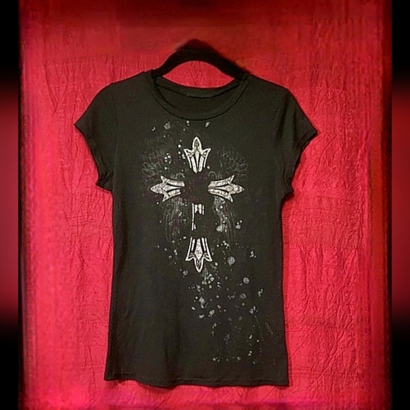 Vtg Y2K abbey dawn blk gothic cross metal red blood spatter mallgoth shirt L - Picture 16 of 17